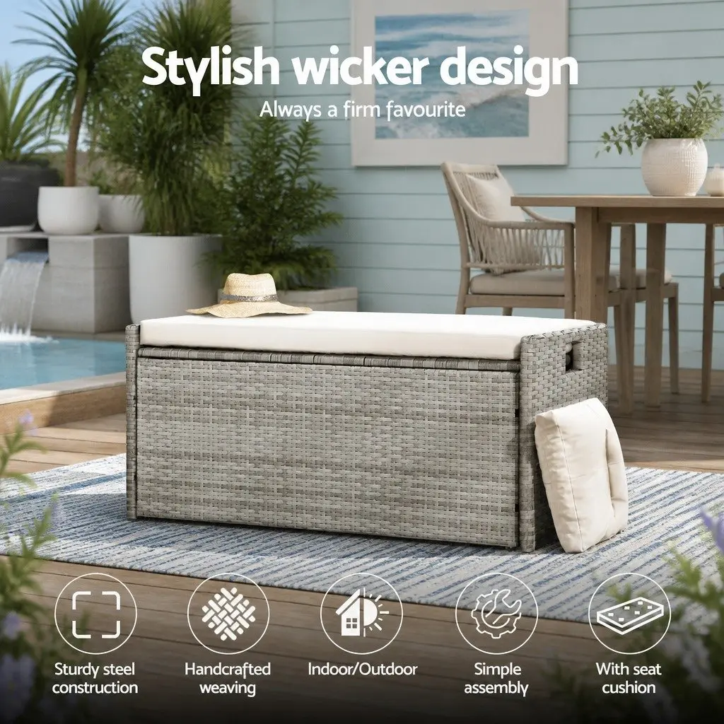 Outdoor Storage Bench Box Wicker Patio Furniture Garden Tools Cushion Grey 100cm