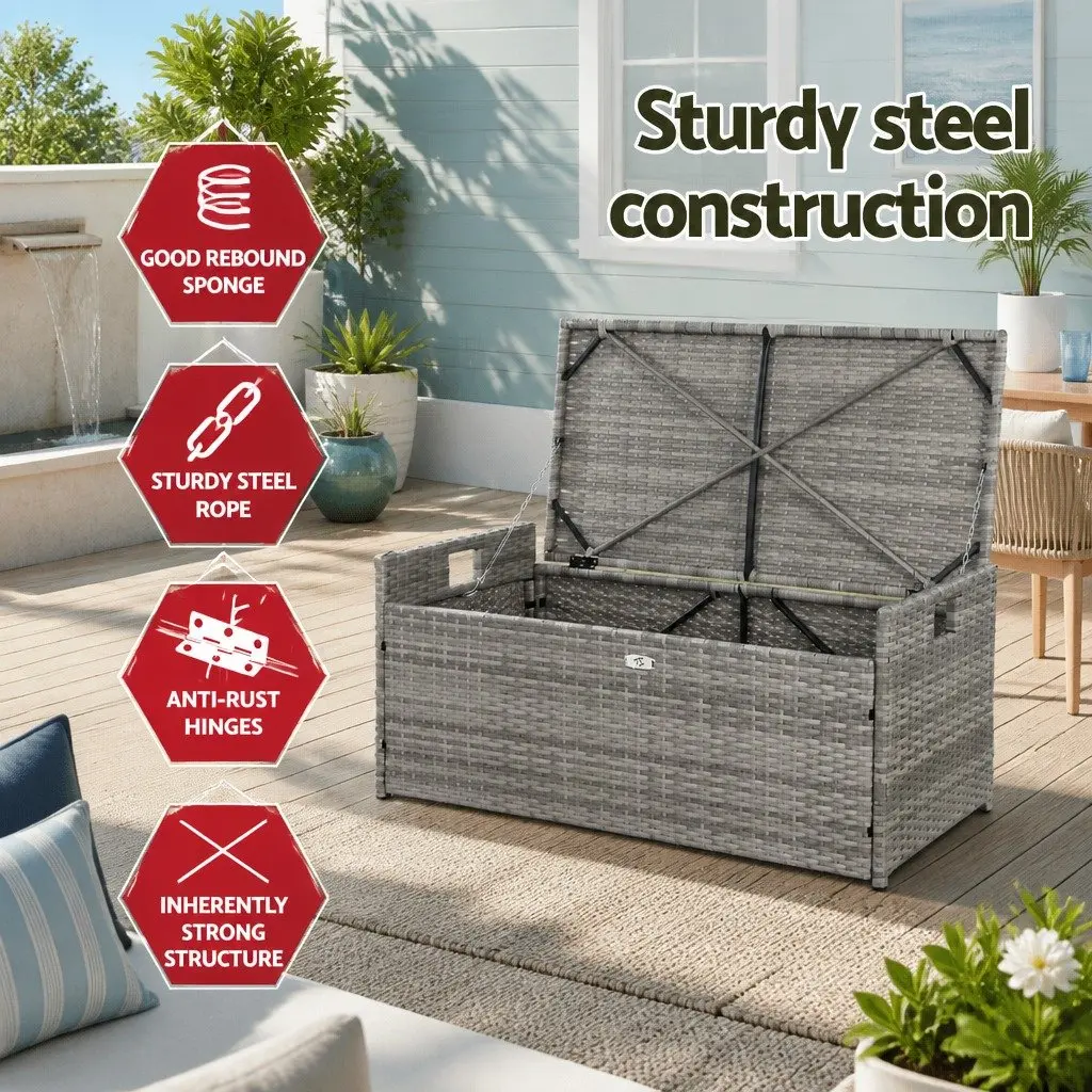 Outdoor Storage Bench Box Wicker Patio Furniture Garden Tools Cushion Grey 100cm