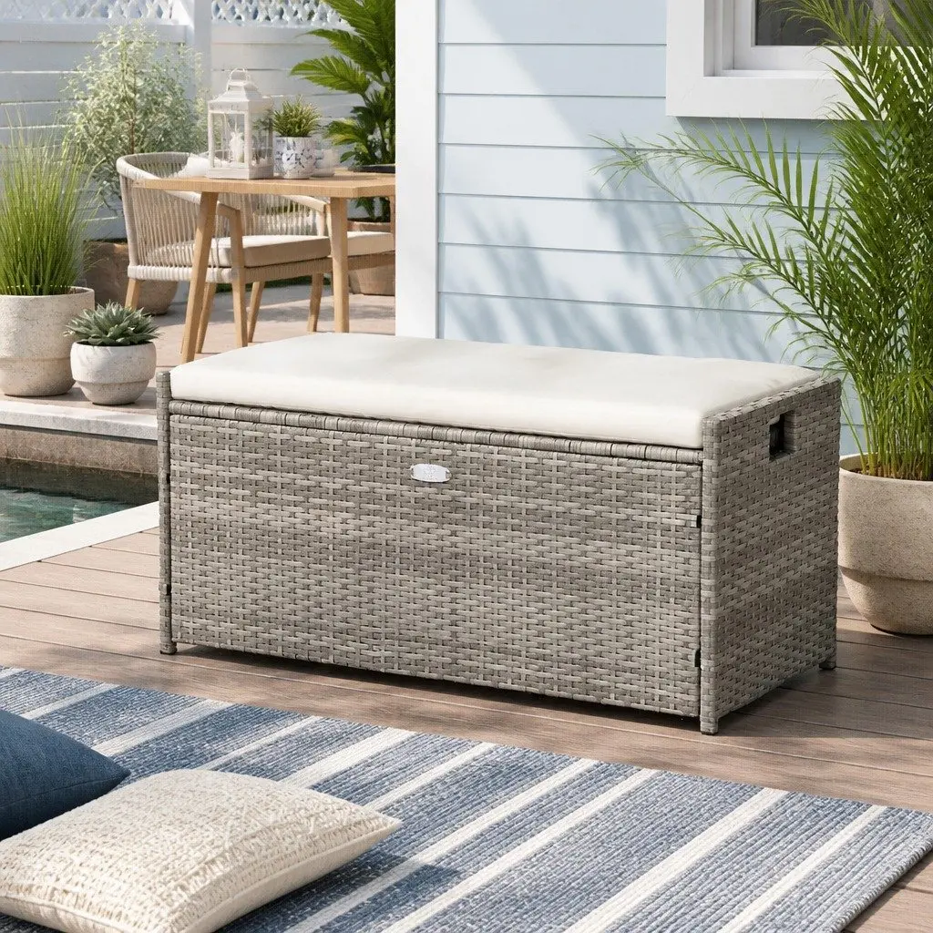 Outdoor Storage Bench Box Wicker Patio Furniture Garden Tools Cushion Grey 100cm