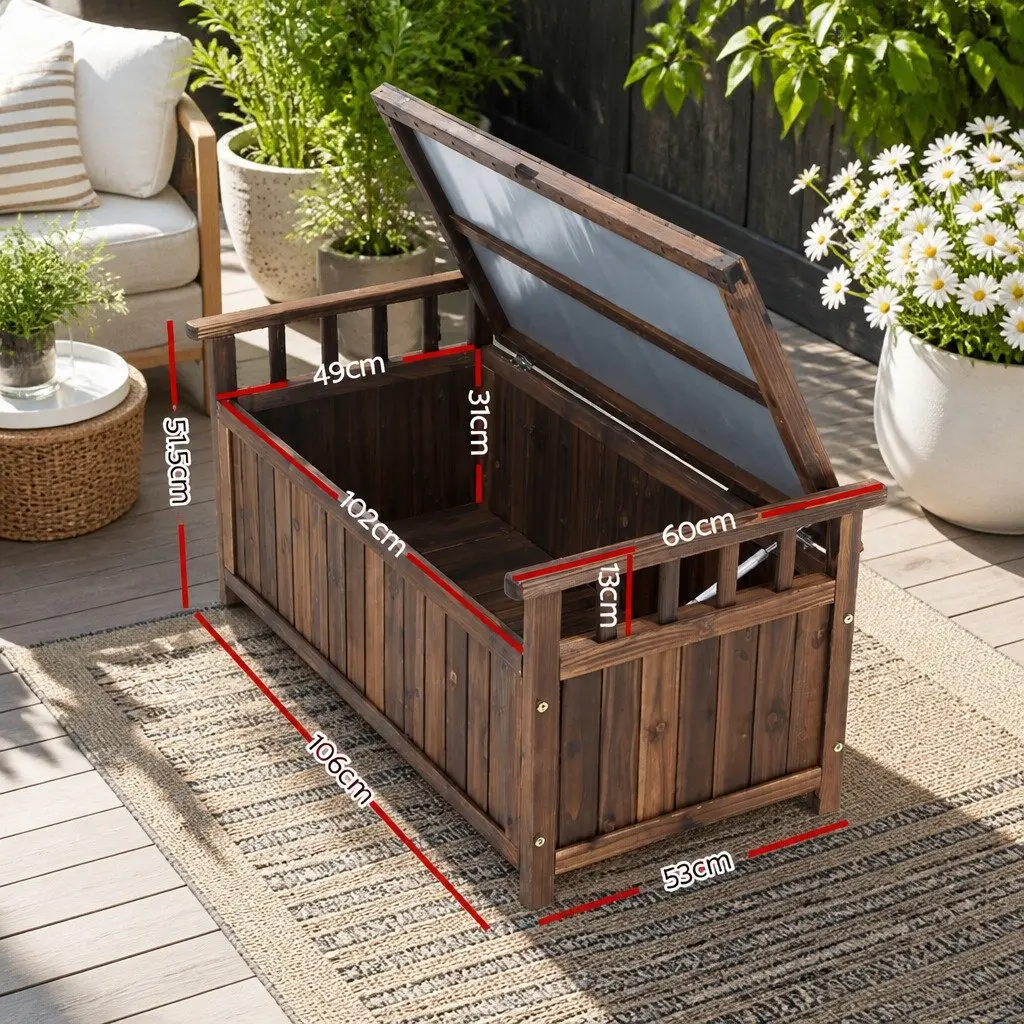 Outdoor Storage Bench Box Charcoal Fir Wood Dual Purpose with Hinged Lift Up Seat