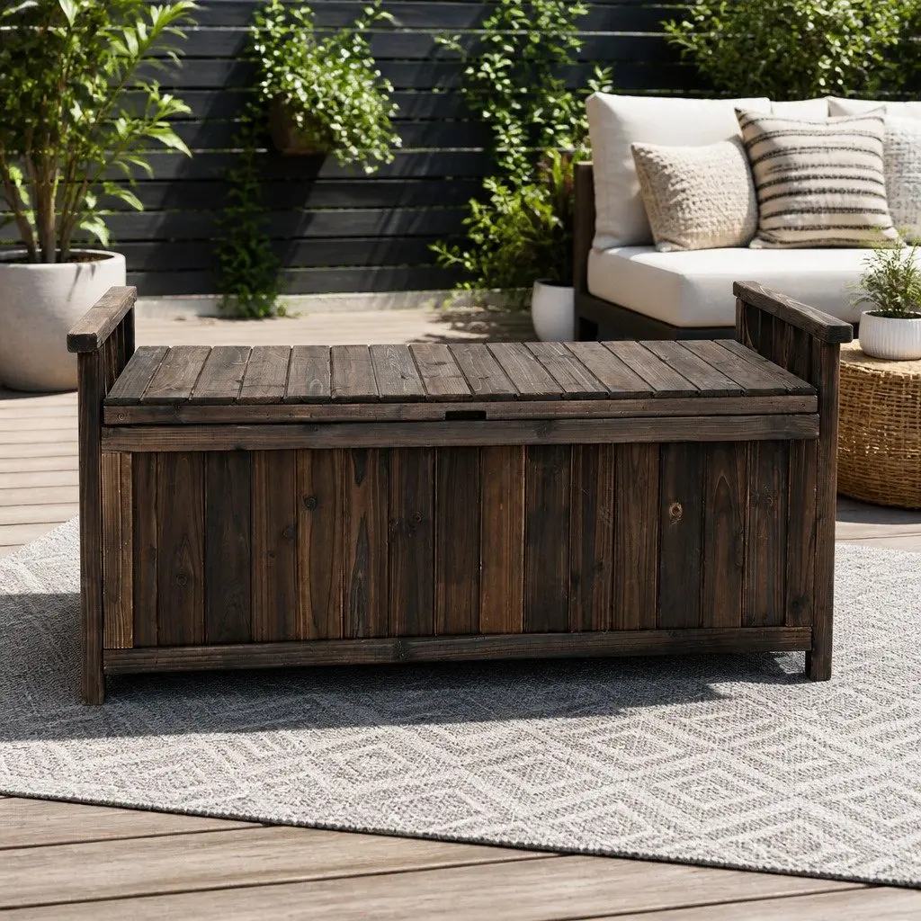 Outdoor Storage Bench Box Charcoal Fir Wood Dual Purpose with Hinged Lift Up Seat