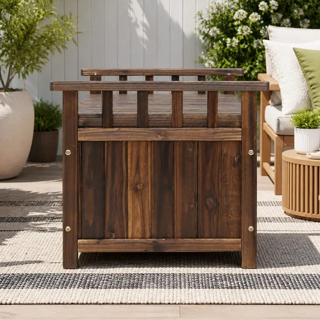 Outdoor Storage Bench Box Charcoal Fir Wood Dual Purpose with Hinged Lift Up Seat