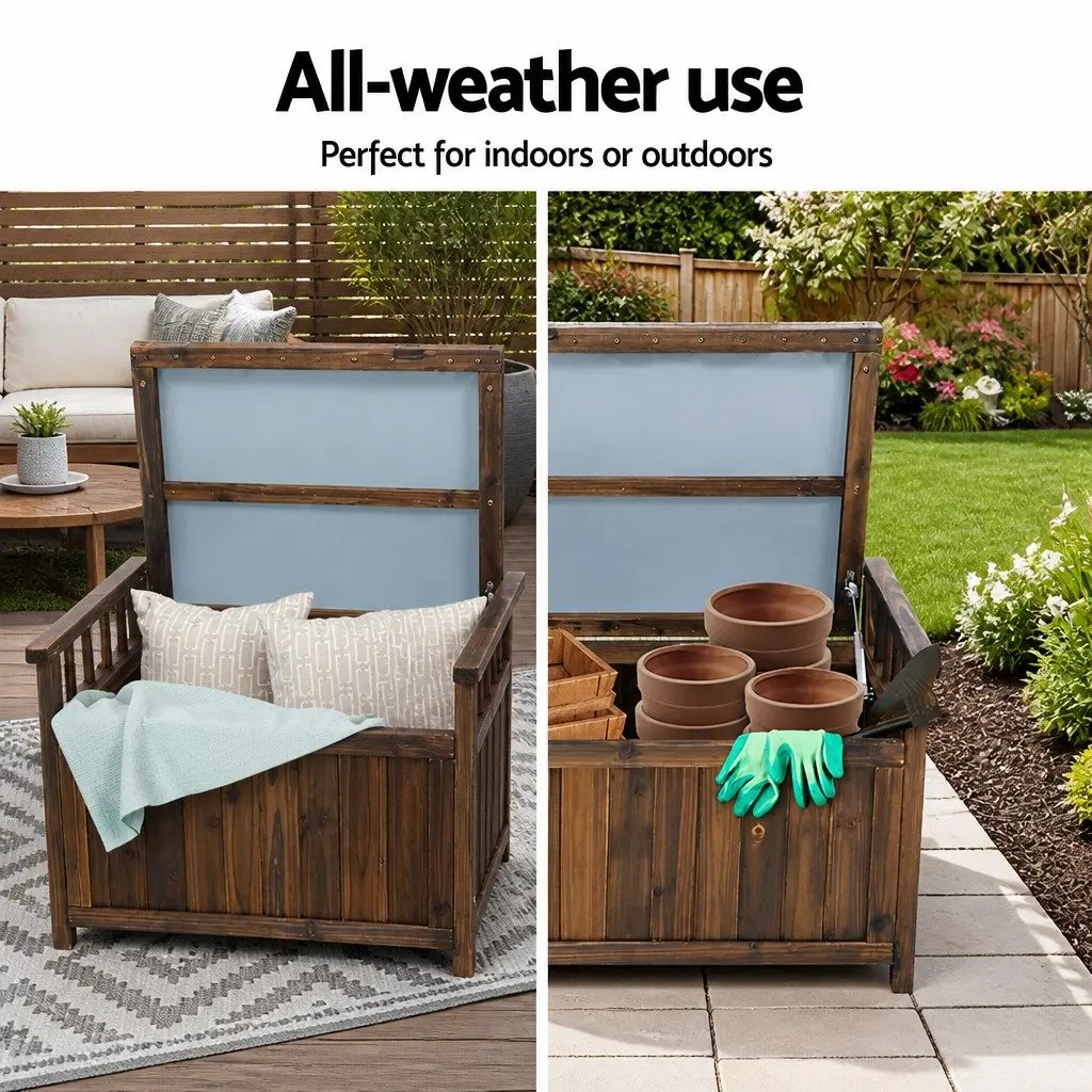 Outdoor Storage Bench Box Charcoal Fir Wood Dual Purpose with Hinged Lift Up Seat