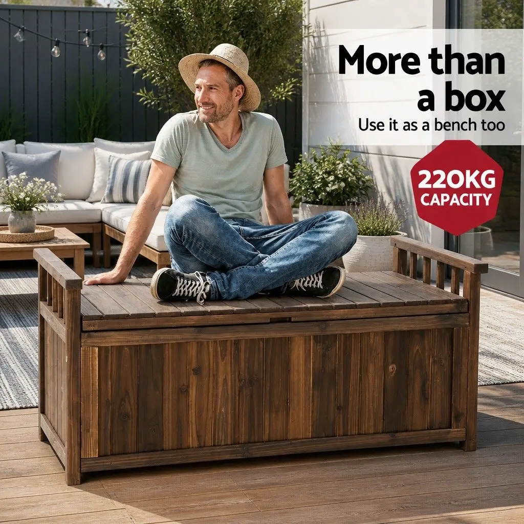 Outdoor Storage Bench Box Charcoal Fir Wood Dual Purpose with Hinged Lift Up Seat