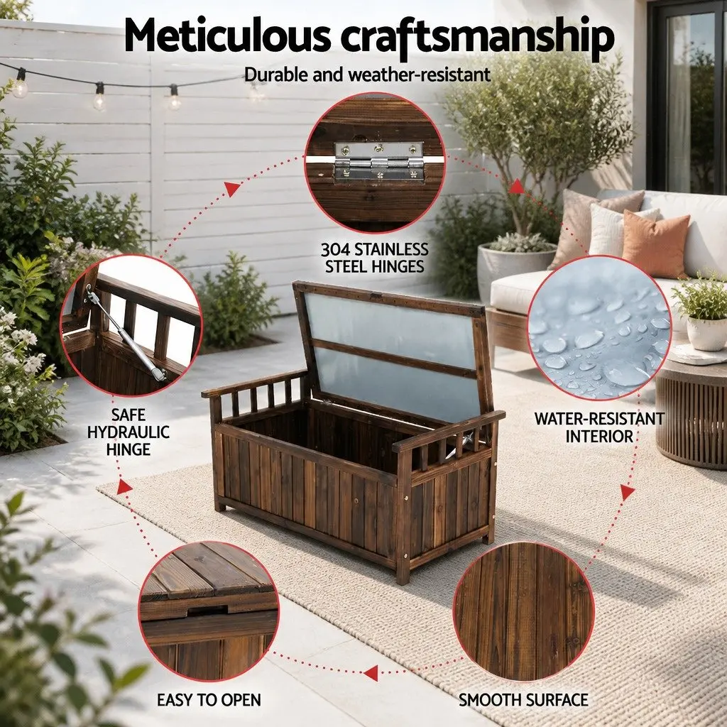 Outdoor Storage Bench Box Charcoal Fir Wood Dual Purpose with Hinged Lift Up Seat
