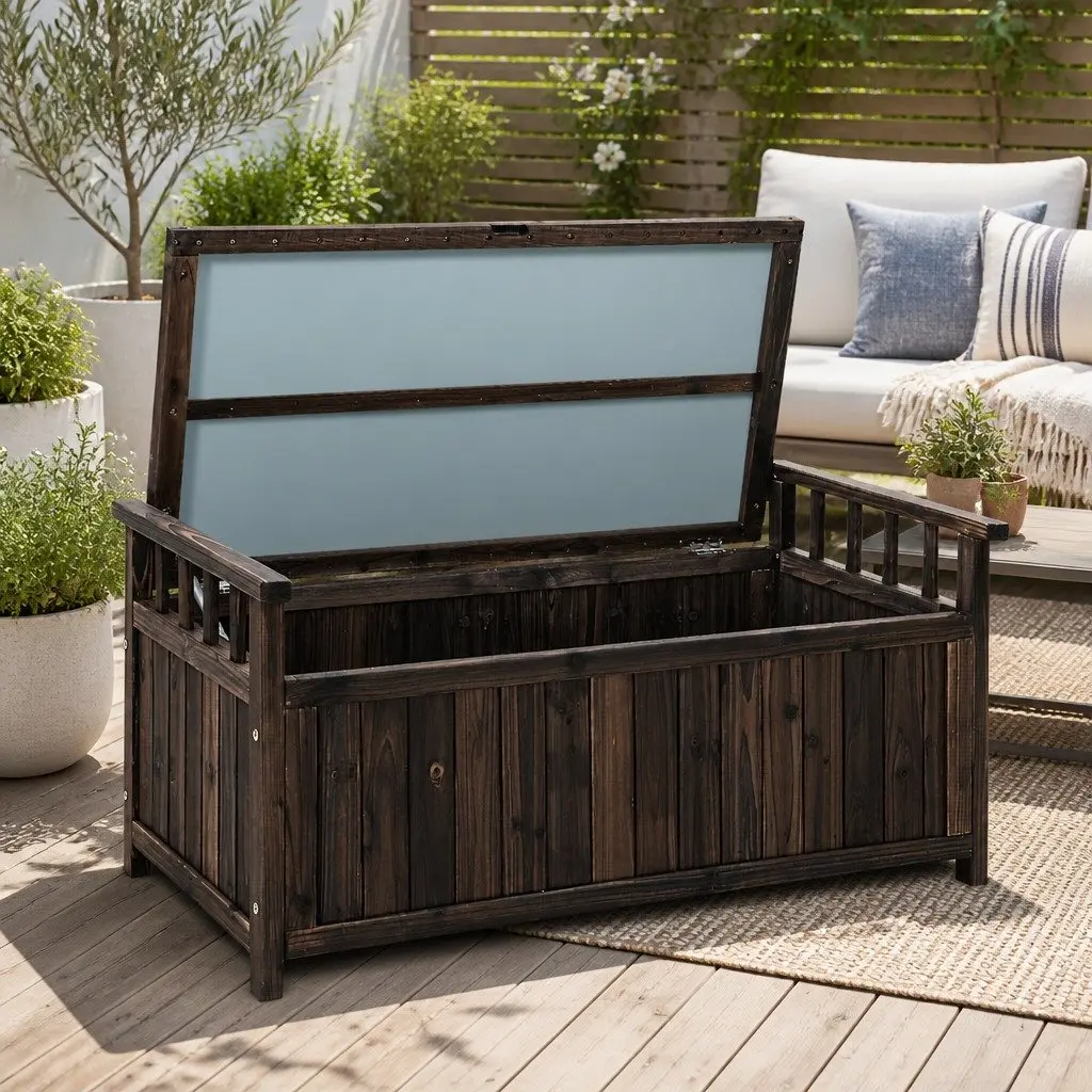 Outdoor Storage Bench Box Charcoal Fir Wood Dual Purpose with Hinged Lift Up Seat
