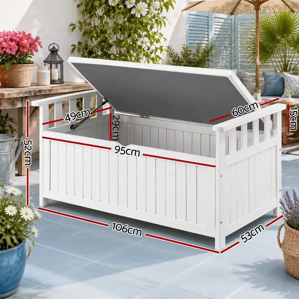 Outdoor Storage Bench White Fir Wood 160L Water Resistant Interior