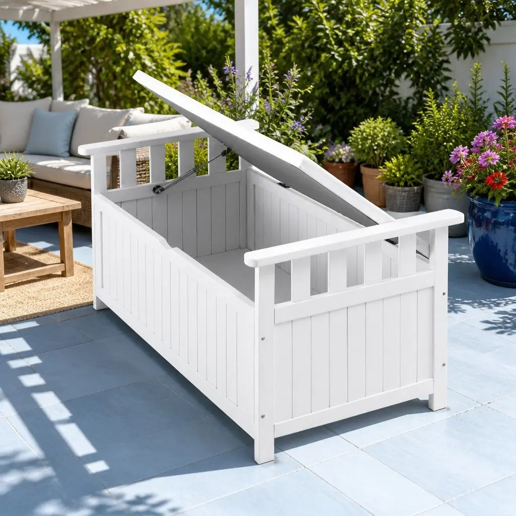 Outdoor Storage Bench White Fir Wood 160L Water Resistant Interior