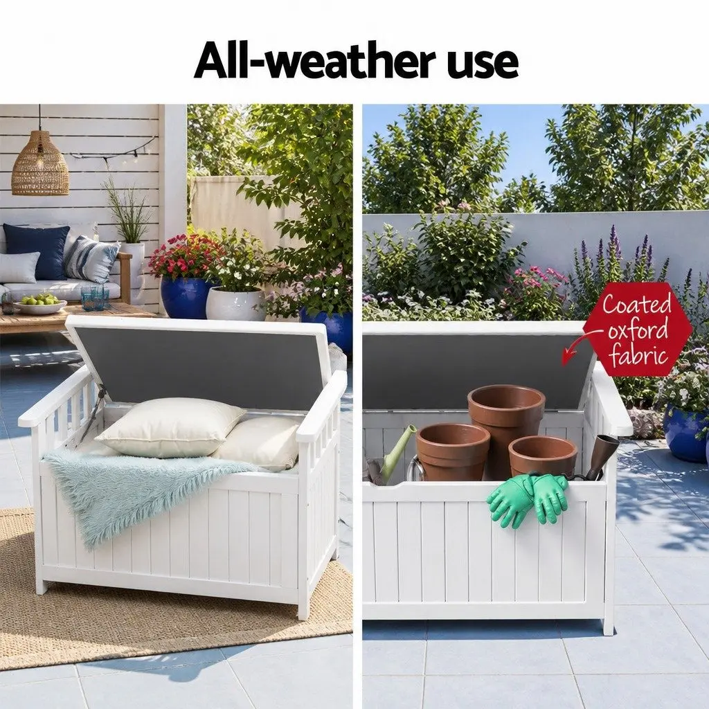 Outdoor Storage Bench White Fir Wood 160L Water Resistant Interior
