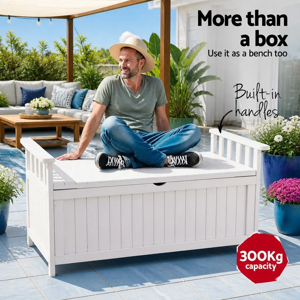 Outdoor Storage Bench White Fir Wood 160L Water Resistant Interior