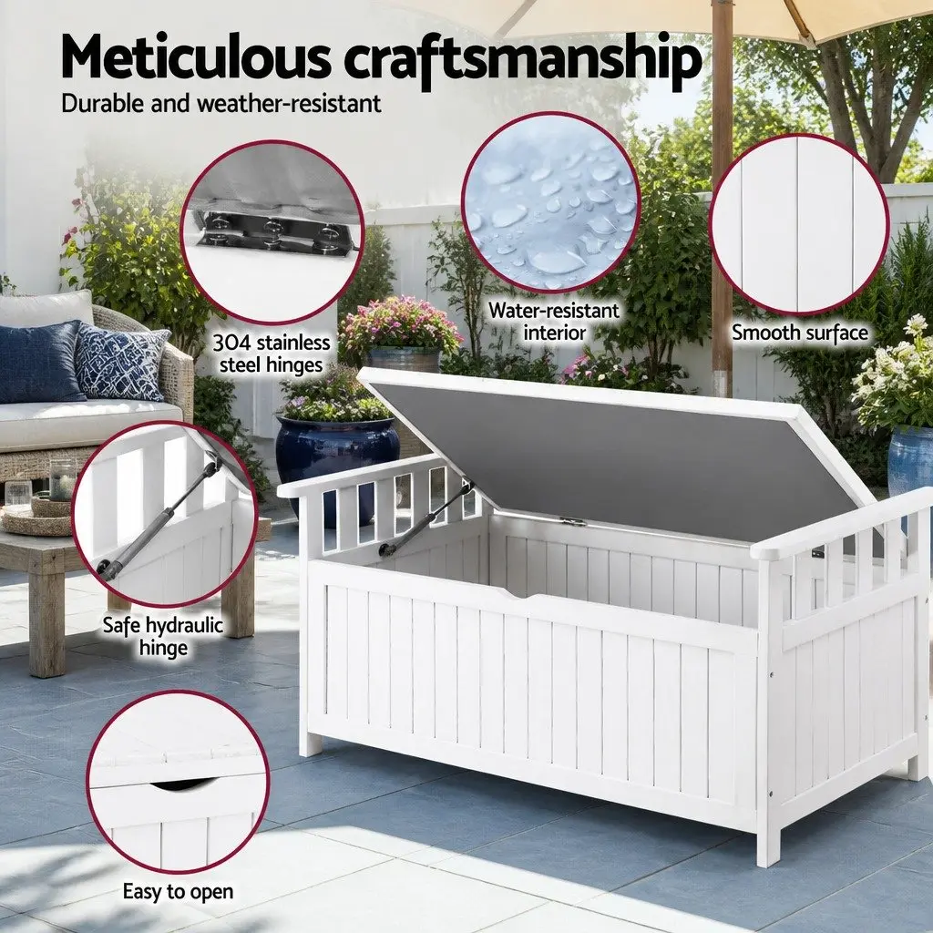Outdoor Storage Bench White Fir Wood 160L Water Resistant Interior