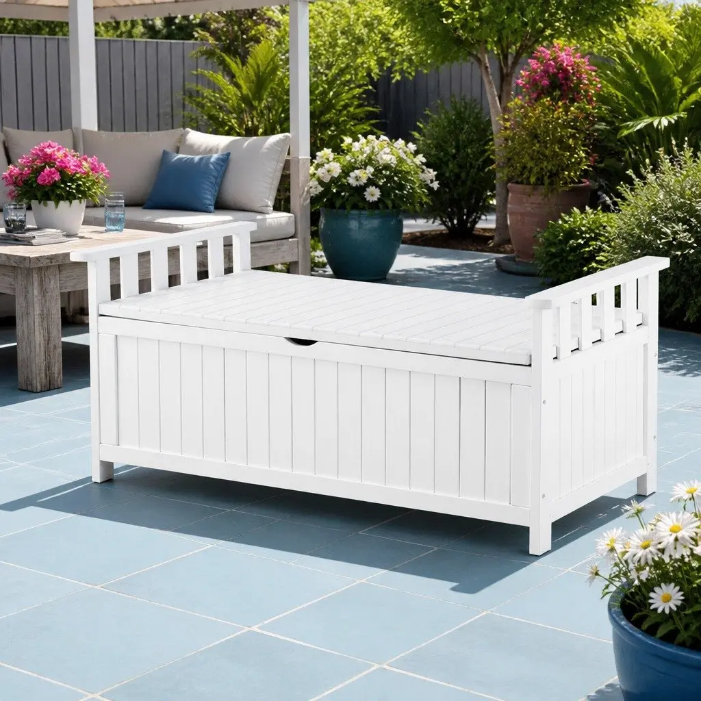 Outdoor Storage Bench White Fir Wood 160L Water Resistant Interior