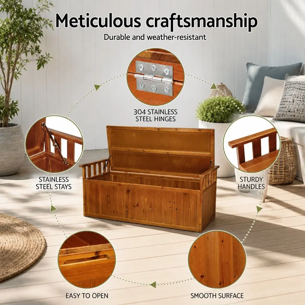 Outdoor Storage Bench Box 129cm Wooden Garden Chest Seat Patio Furniture Natural