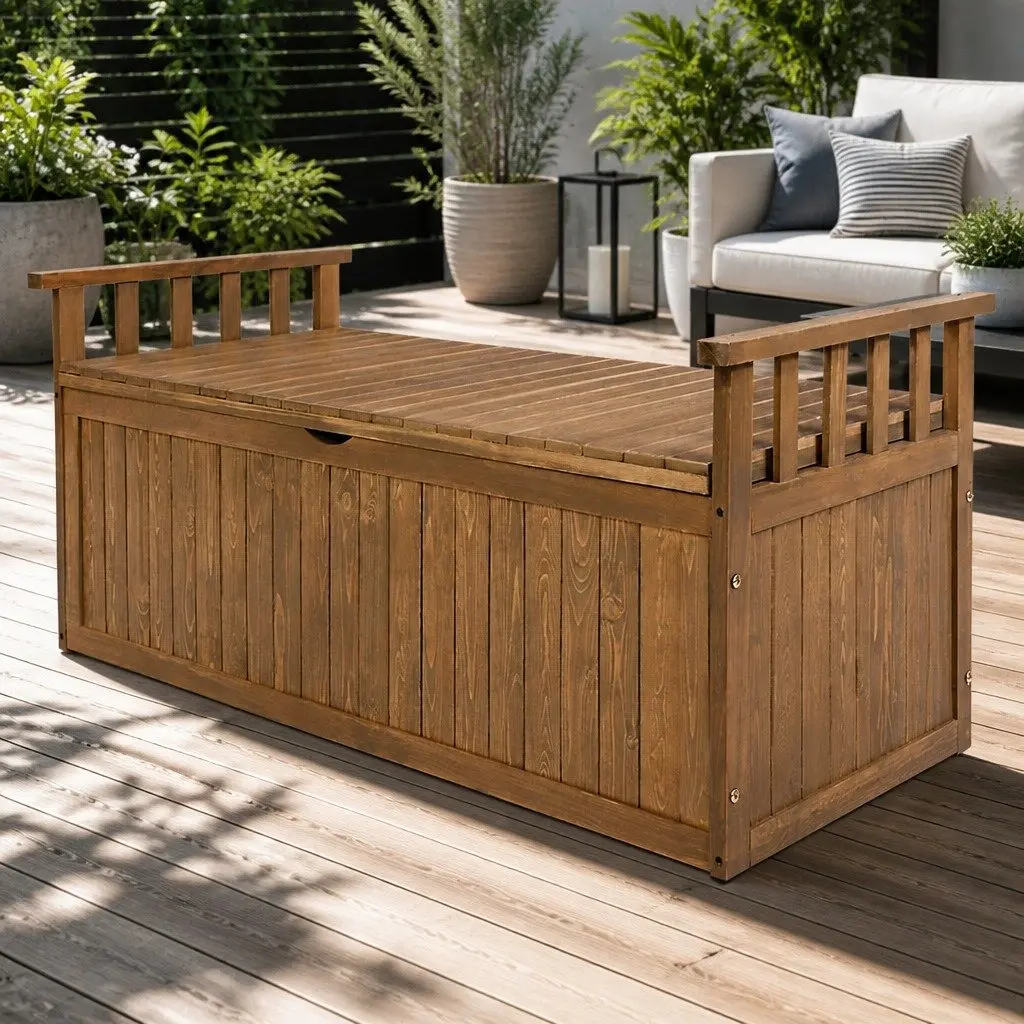 Outdoor Storage Bench Box 129cm Wooden Garden Chest Seat Patio Furniture Natural