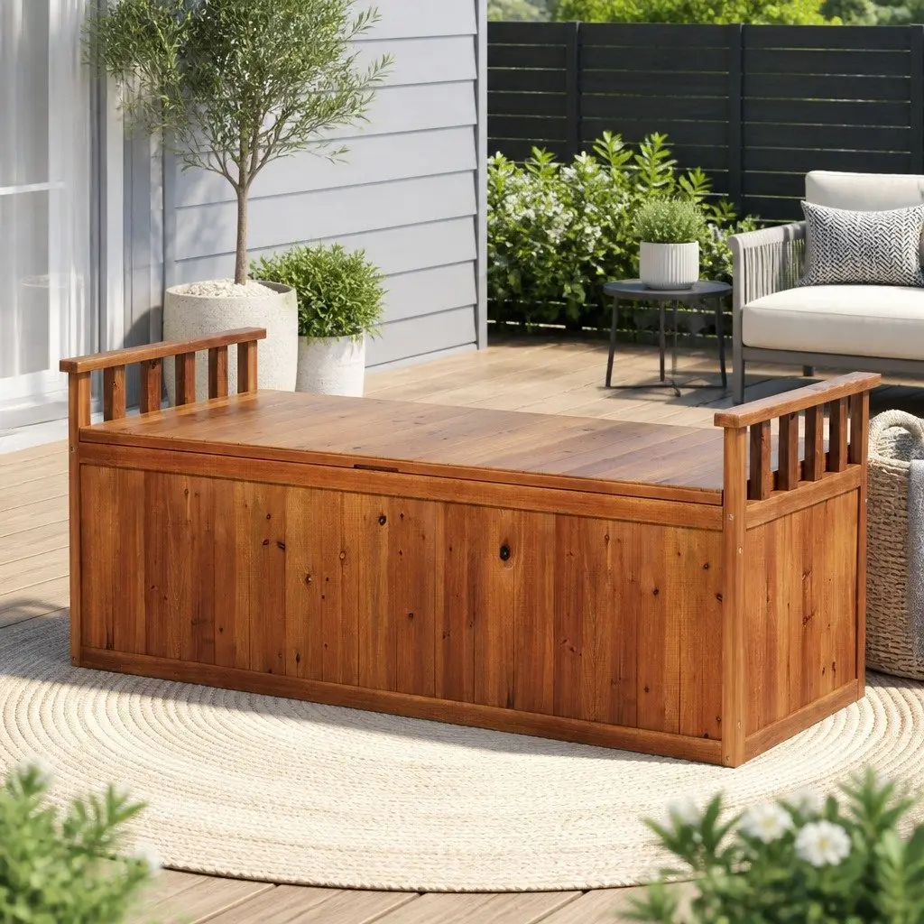Outdoor Storage Bench Box 129cm Wooden Garden Chest Seat Patio Furniture Natural