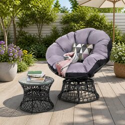 Papasan Chair and Side Table Set Outdoor Garden Lounge Wicker Furniture Black