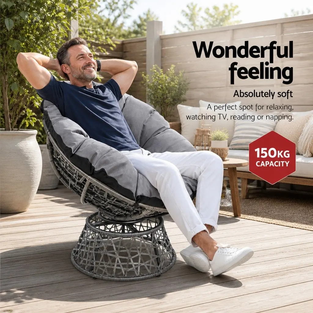 Papasan Chair Grey with 10cm Thick Cushion and Matching Side Table Set for Outdoor Garden Lounge Furniture