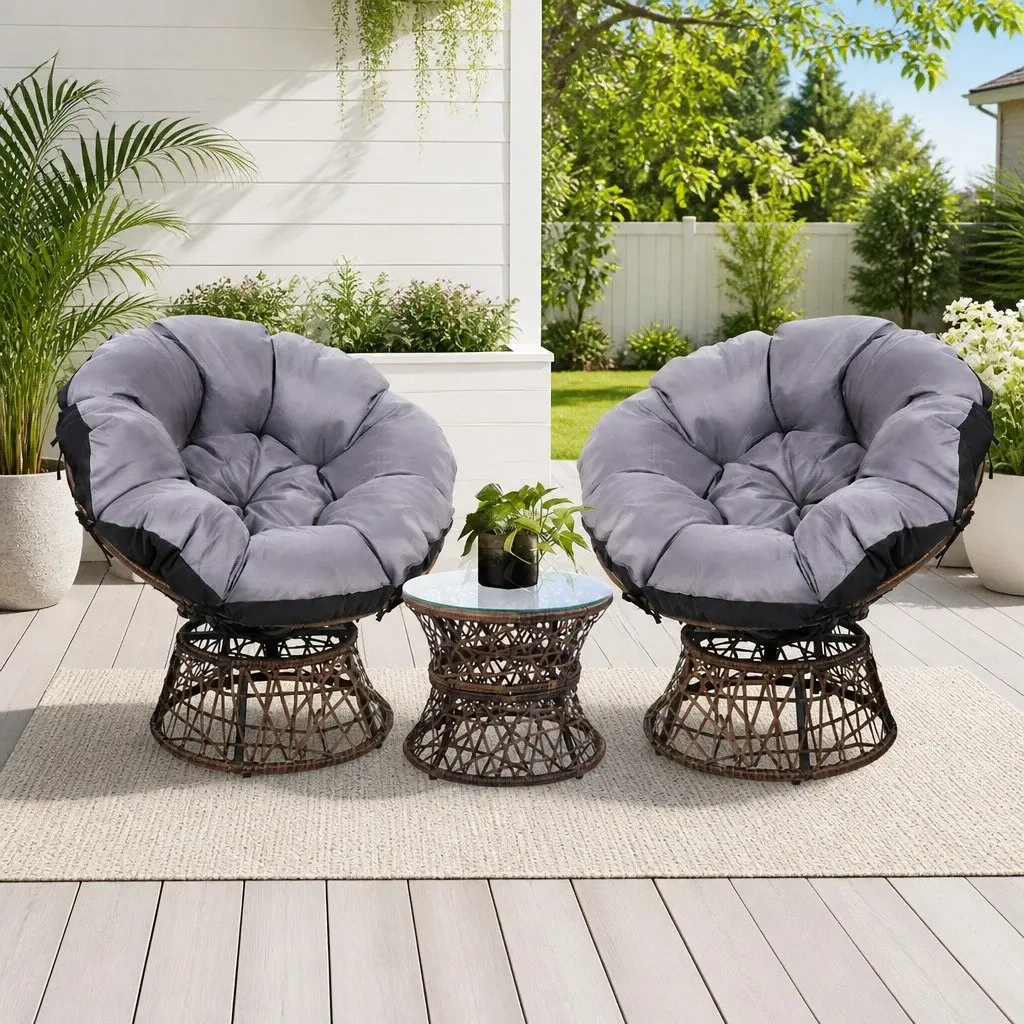 Outdoor Papasan Chair Side Table Set Brown 2-Piece 360 Degree Rotatable Chair PE-Wicker with Steel Frame Tempered Glass Top