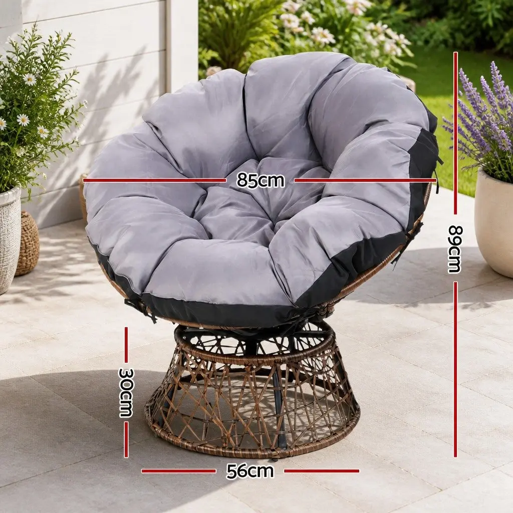 Outdoor Papasan Chair Side Table Set Brown 2-Piece 360 Degree Rotatable Chair PE-Wicker with Steel Frame Tempered Glass Top