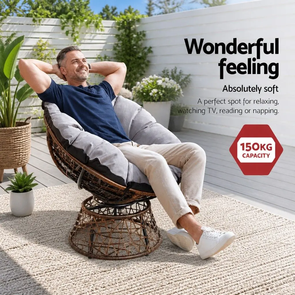 Outdoor Papasan Chair Side Table Set Brown 2-Piece 360 Degree Rotatable Chair PE-Wicker with Steel Frame Tempered Glass Top