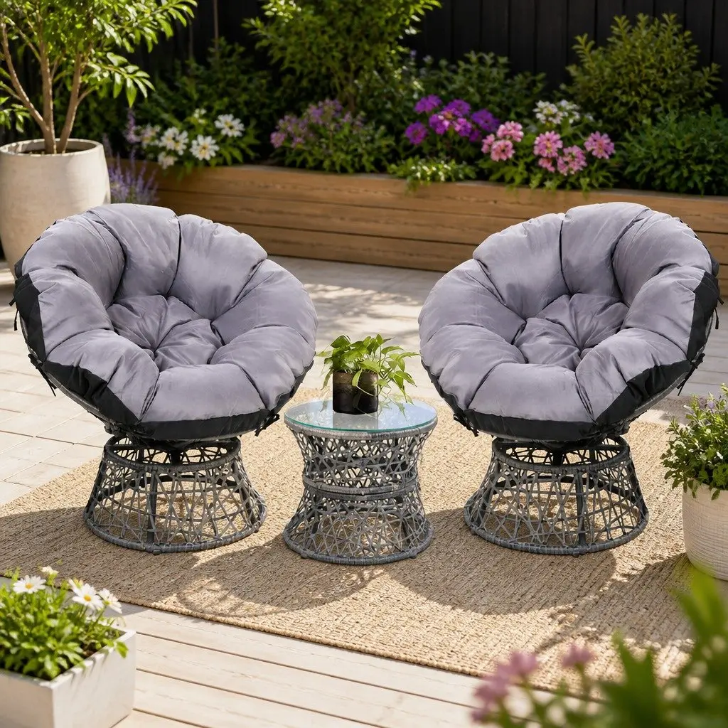 Outdoor Papasan Chairs and Side Table Set Grey 360 Degree Rotatable Heavy Duty Steel Frame UV Resistant PE Wicker