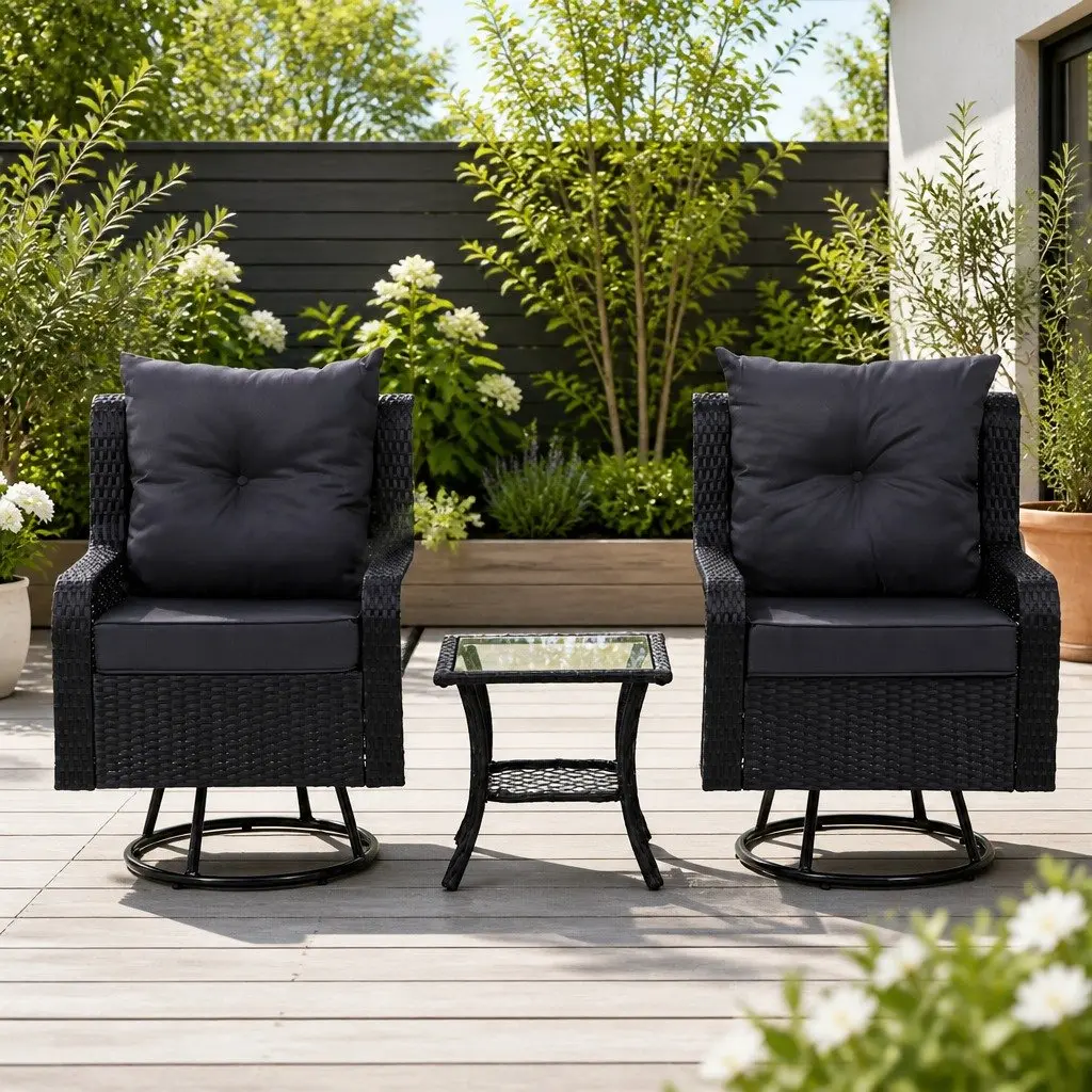 3-Piece Outdoor Swivel Chair Bistro Set Wicker Lounge Furniture Glass Table