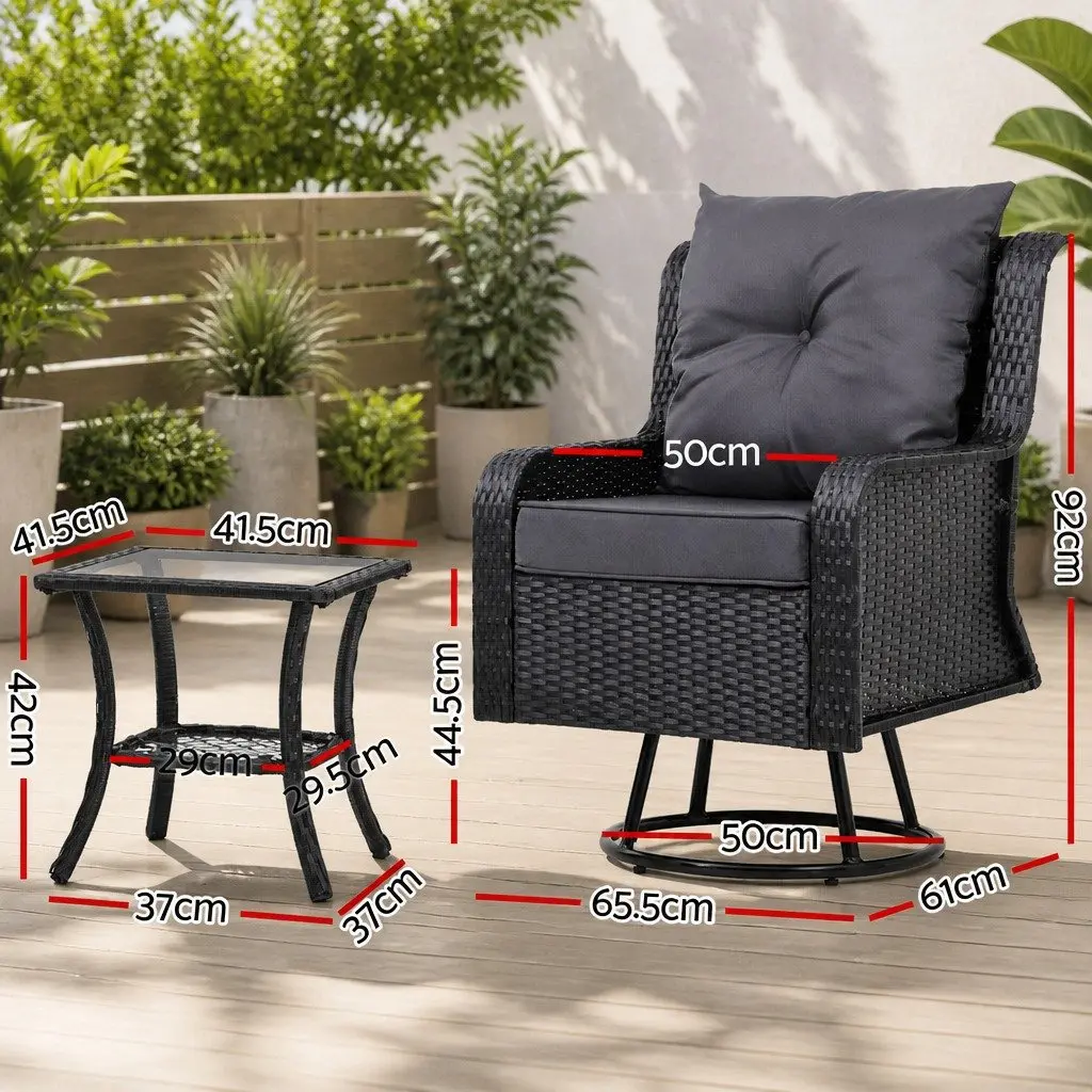 3-Piece Outdoor Swivel Chair Bistro Set Wicker Lounge Furniture Glass Table