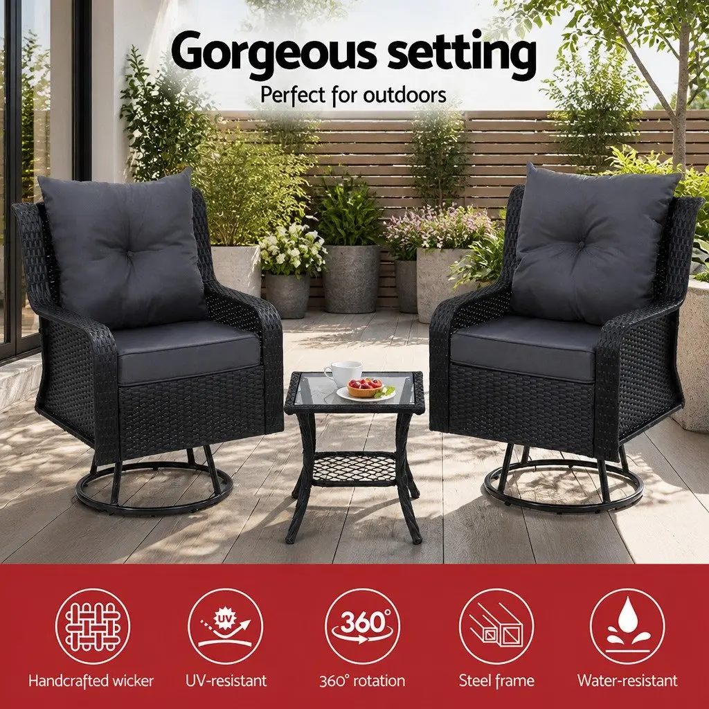 3-Piece Outdoor Swivel Chair Bistro Set Wicker Lounge Furniture Glass Table