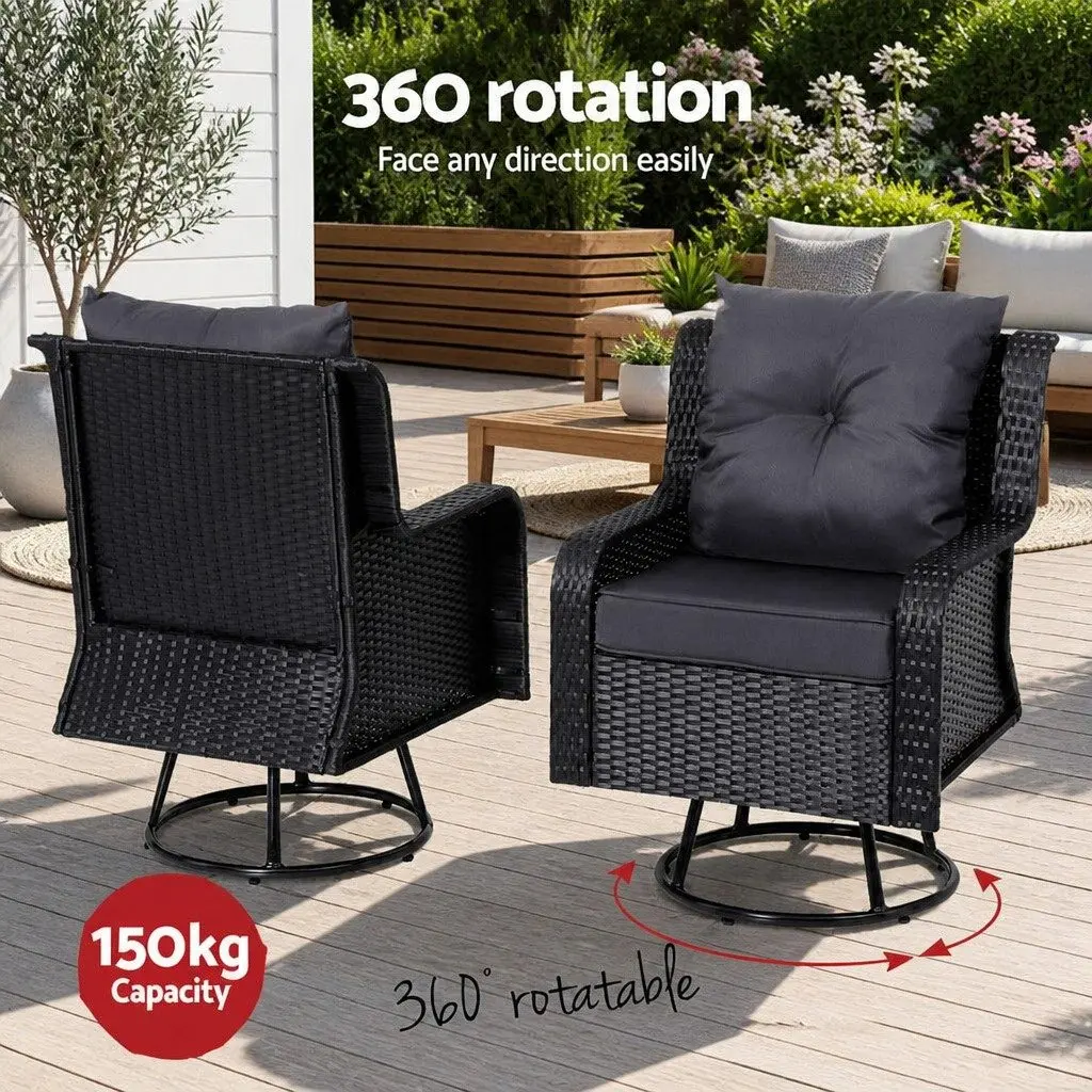 3-Piece Outdoor Swivel Chair Bistro Set Wicker Lounge Furniture Glass Table