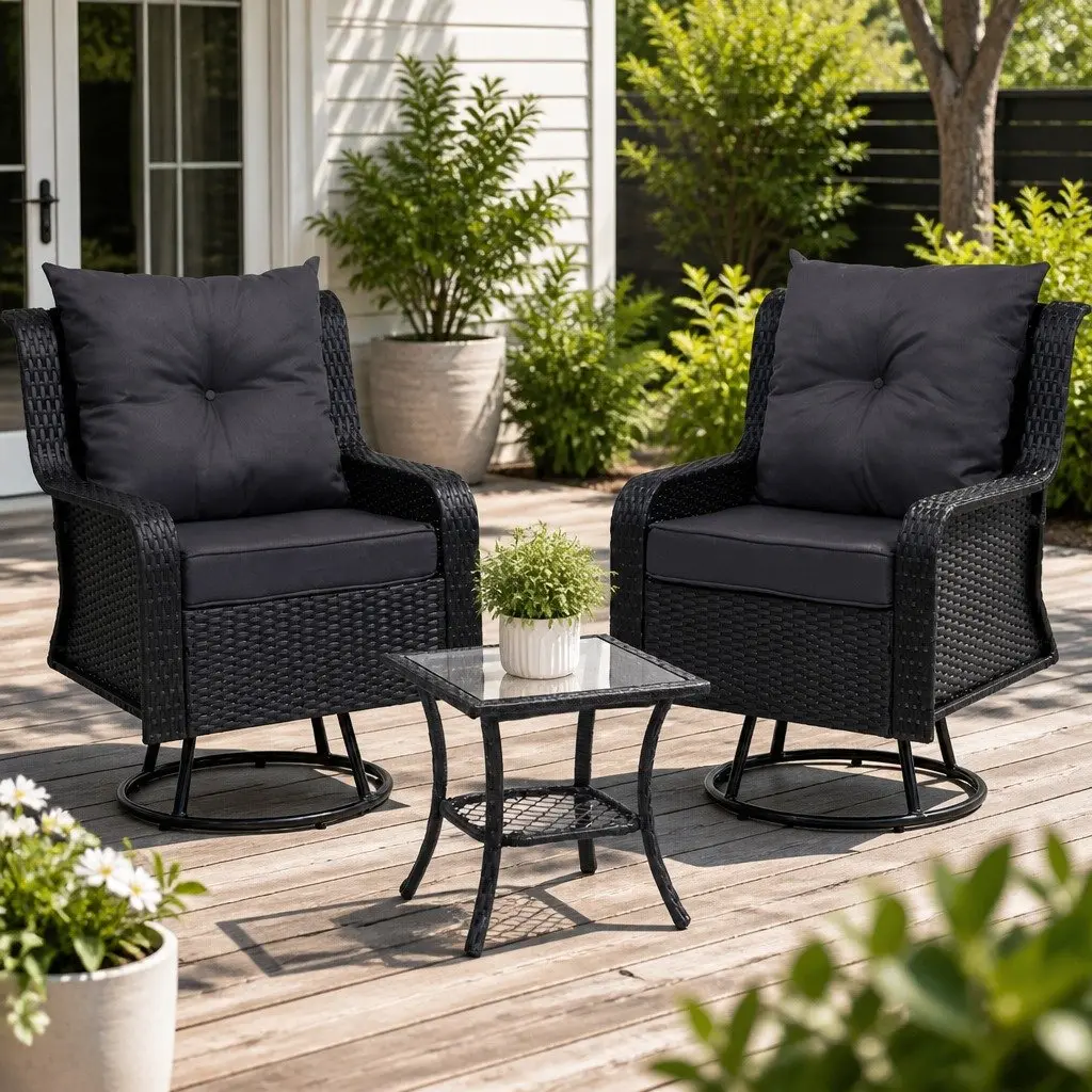3-Piece Outdoor Swivel Chair Bistro Set Wicker Lounge Furniture Glass Table