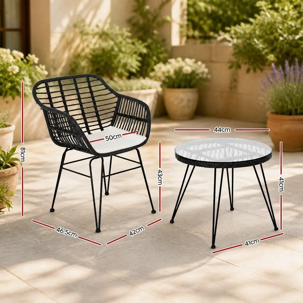 3 Piece Outdoor Lounge Setting Grey Cushions Sturdy Steel Frame PE Wicker Coffee Table