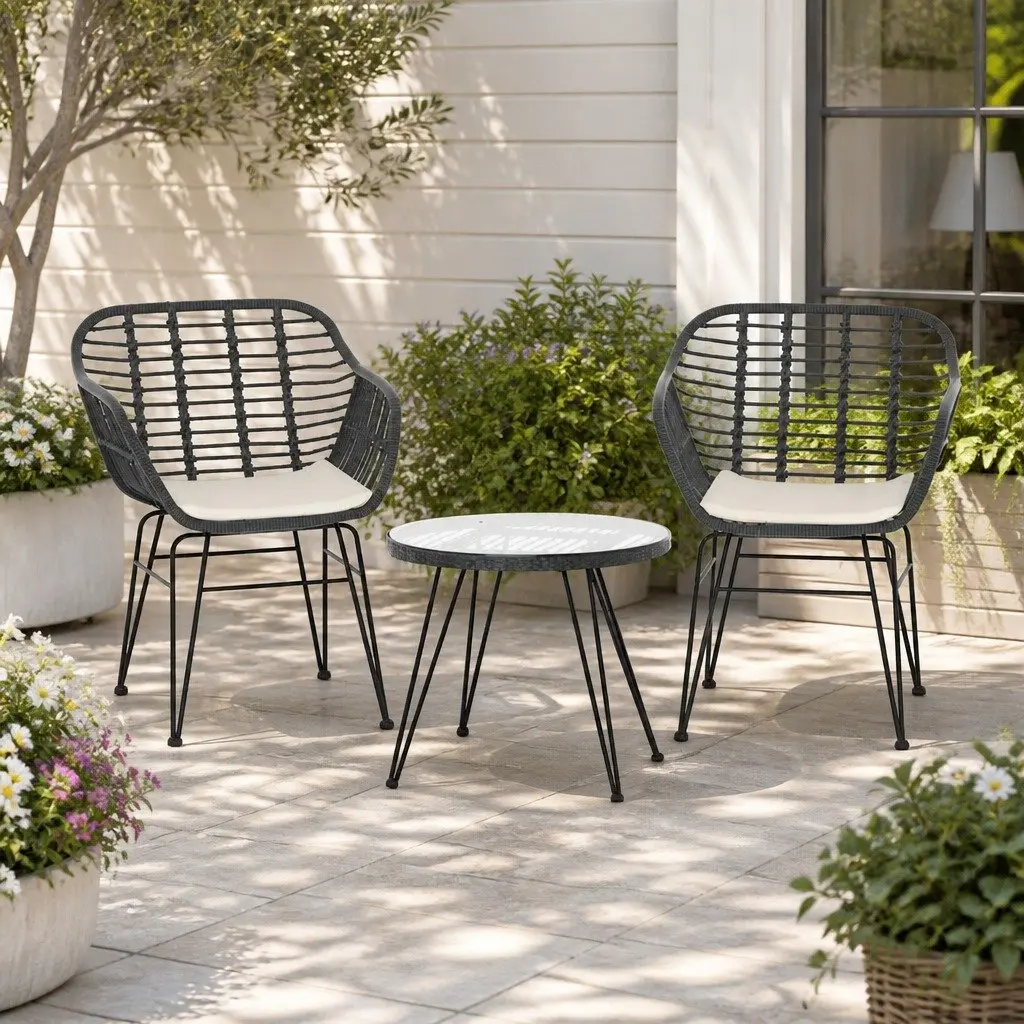 3 Piece Outdoor Lounge Setting Grey Cushions Sturdy Steel Frame PE Wicker Coffee Table