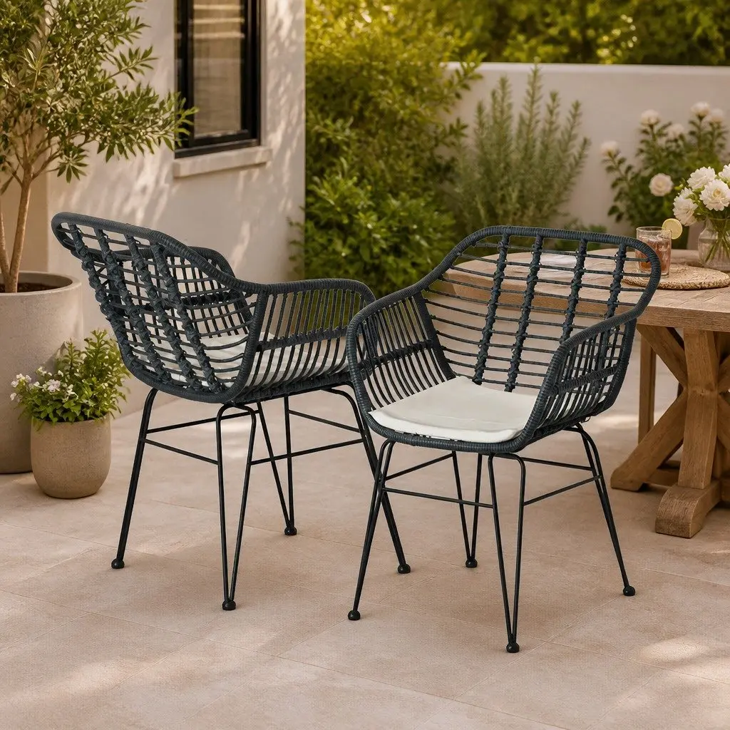 3 Piece Outdoor Lounge Setting Grey Cushions Sturdy Steel Frame PE Wicker Coffee Table