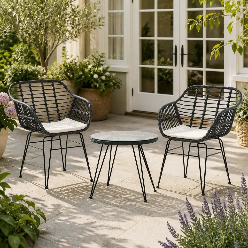 3 Piece Outdoor Lounge Setting Grey Cushions Sturdy Steel Frame PE Wicker Coffee Table