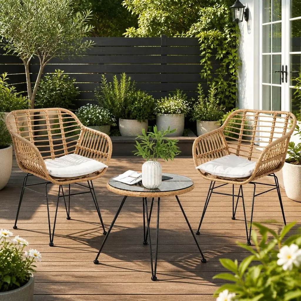 3PC Outdoor Bistro Set Oak PE Wicker Steel Frame Cushioned Lounge Furniture