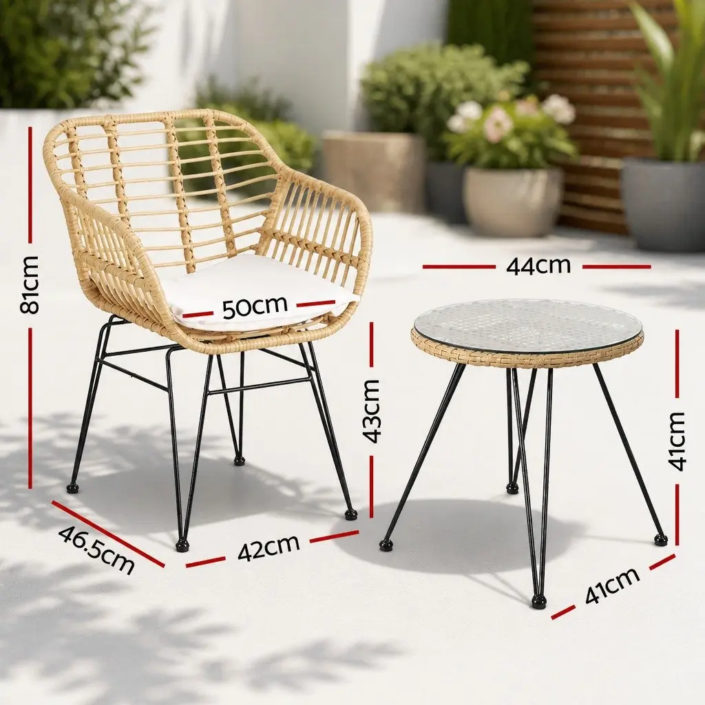 3PC Outdoor Bistro Set Oak PE Wicker Steel Frame Cushioned Lounge Furniture