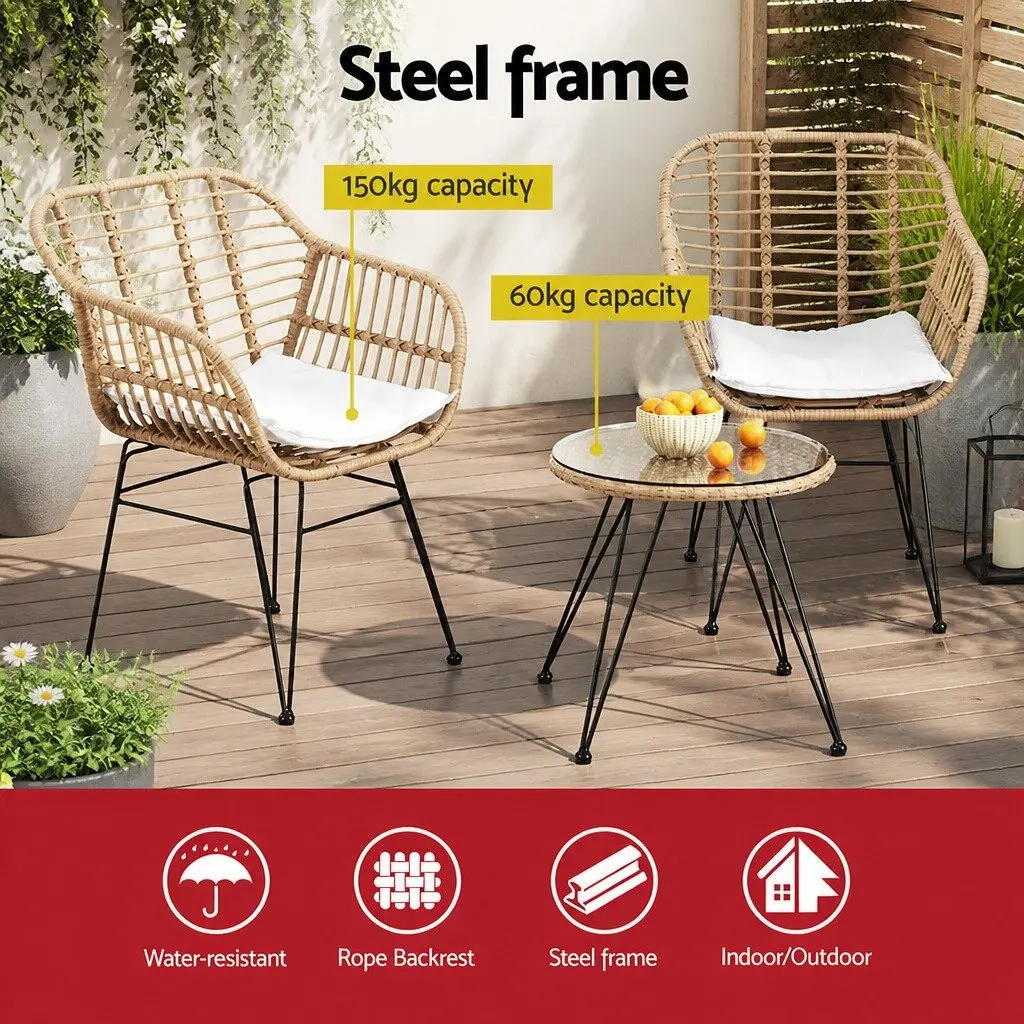 3PC Outdoor Bistro Set Oak PE Wicker Steel Frame Cushioned Lounge Furniture