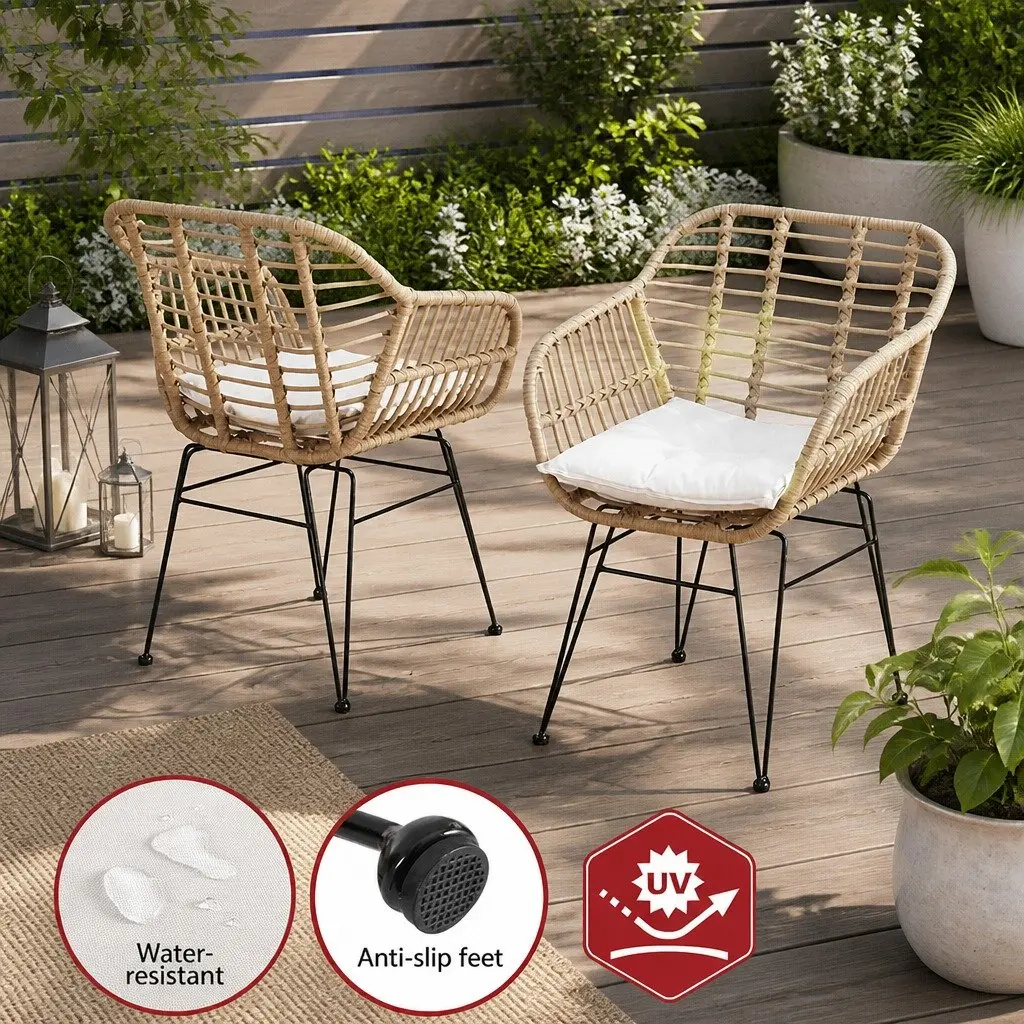 3PC Outdoor Bistro Set Oak PE Wicker Steel Frame Cushioned Lounge Furniture