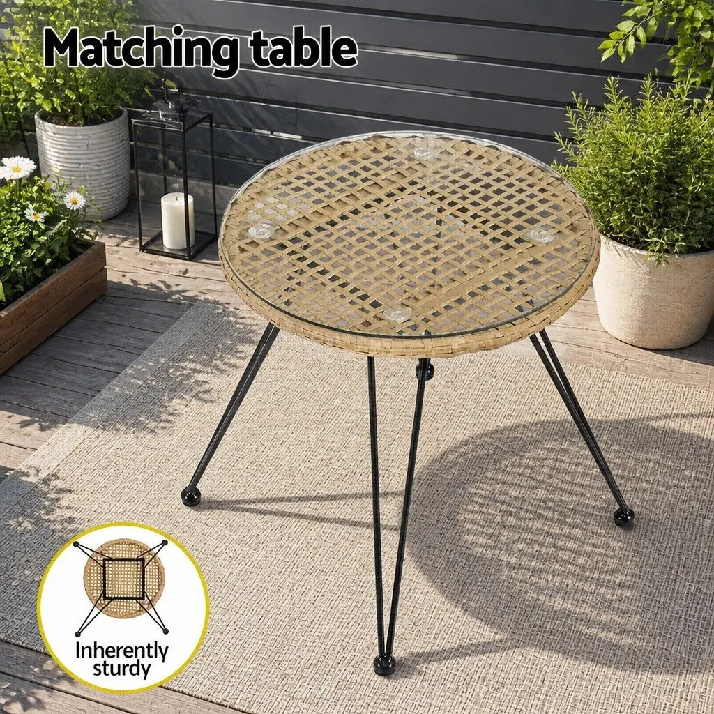 3PC Outdoor Bistro Set Oak PE Wicker Steel Frame Cushioned Lounge Furniture