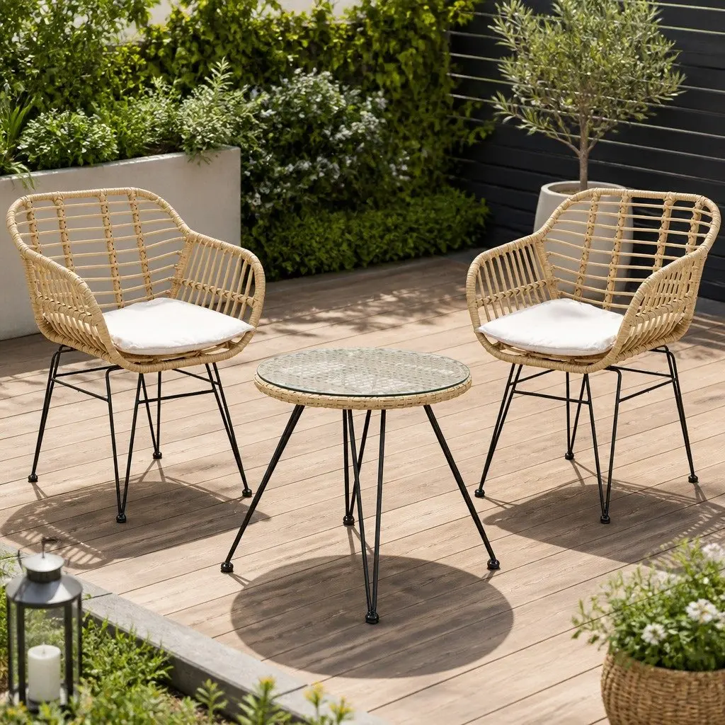 3PC Outdoor Bistro Set Oak PE Wicker Steel Frame Cushioned Lounge Furniture