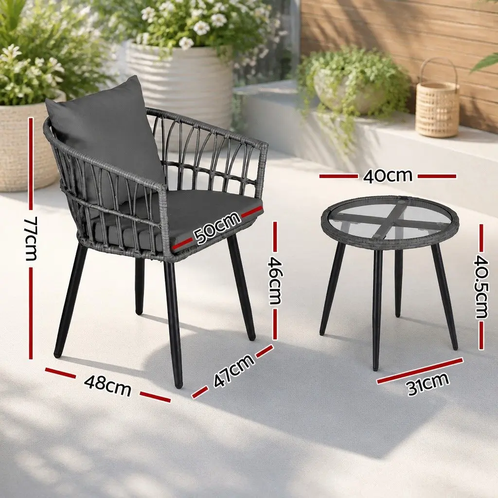 3PC Outdoor Lounge Set Grey Patio Furniture Bistro Set with Chairs and Coffee Table