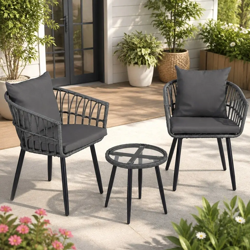 3PC Outdoor Lounge Set Grey Patio Furniture Bistro Set with Chairs and Coffee Table