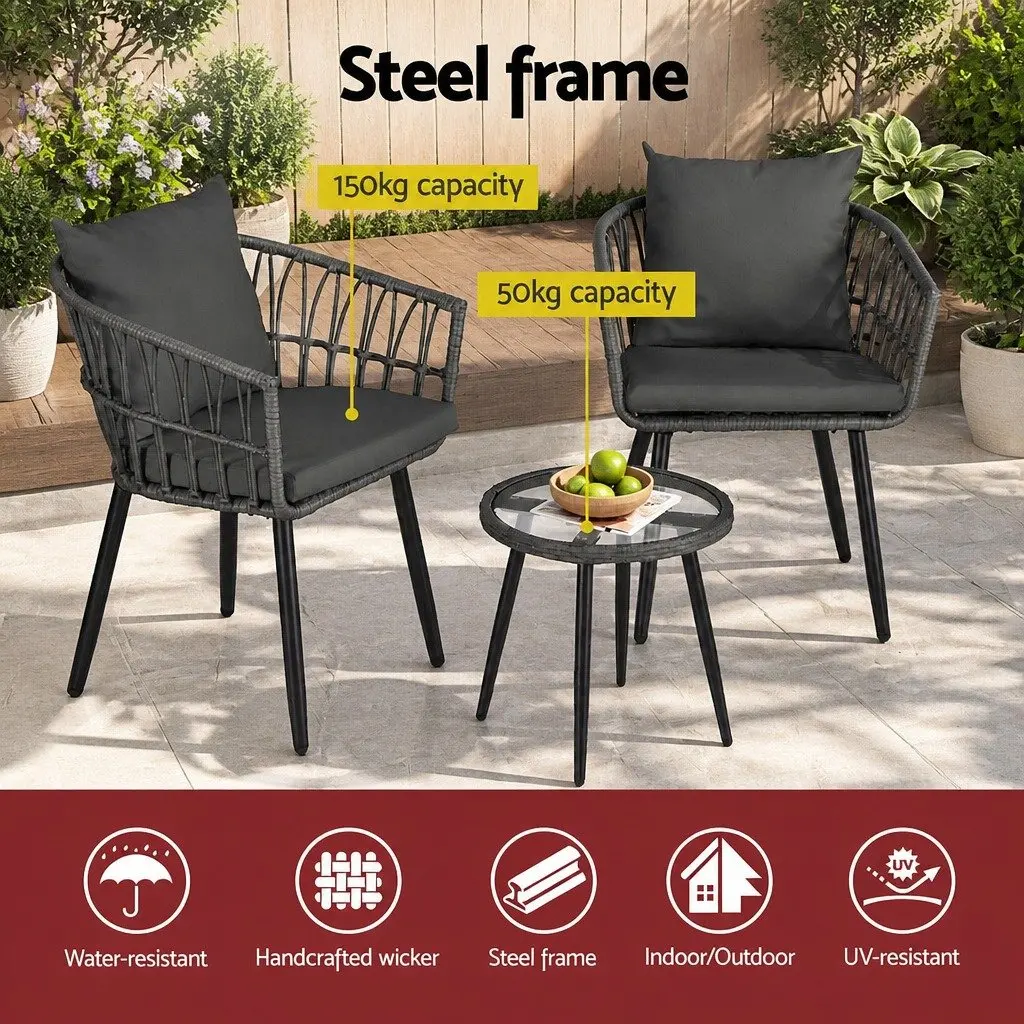 3PC Outdoor Lounge Set Grey Patio Furniture Bistro Set with Chairs and Coffee Table