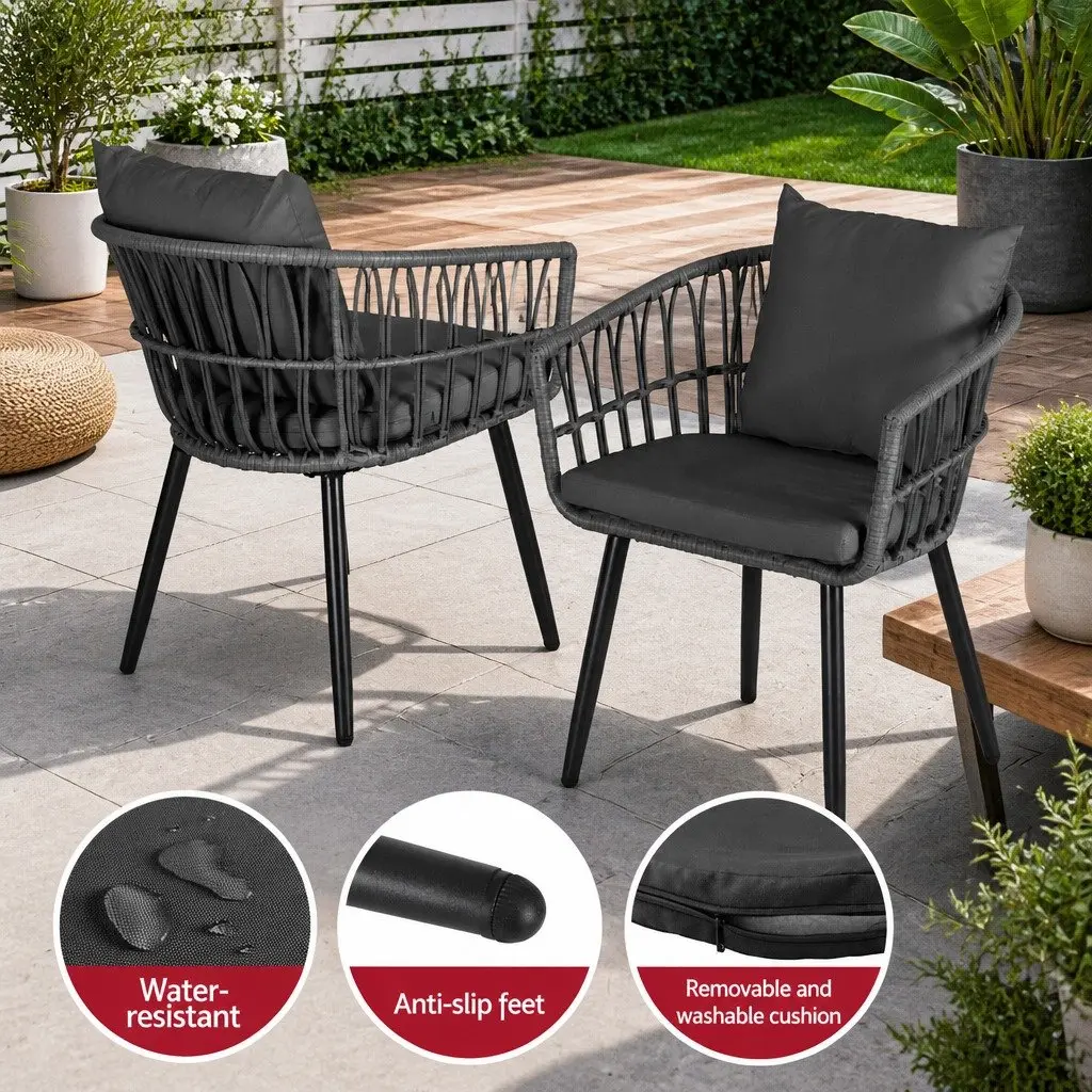 3PC Outdoor Lounge Set Grey Patio Furniture Bistro Set with Chairs and Coffee Table