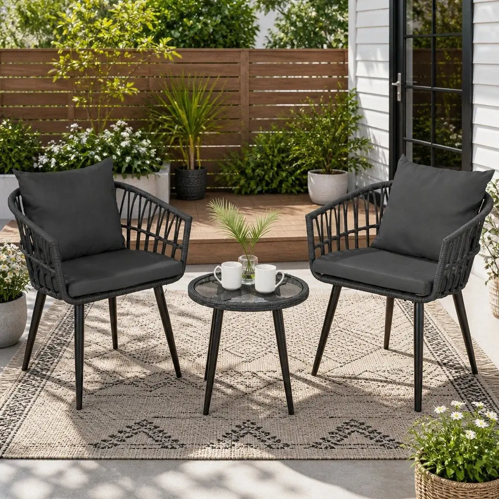 3PC Outdoor Lounge Set Grey Patio Furniture Bistro Set with Chairs and Coffee Table