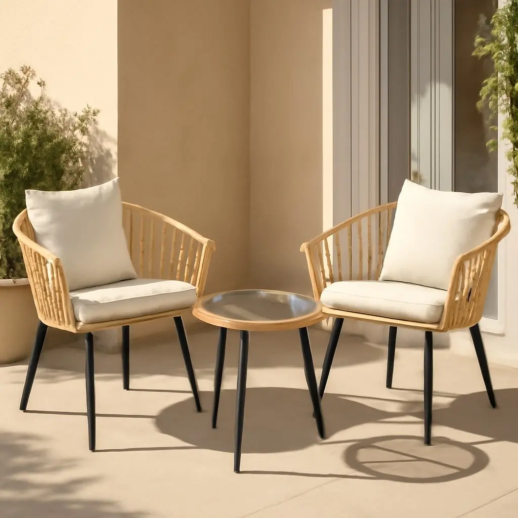 3PC Outdoor Bistro Set Patio Lounge Setting PE Wicker Table and Chairs Natural