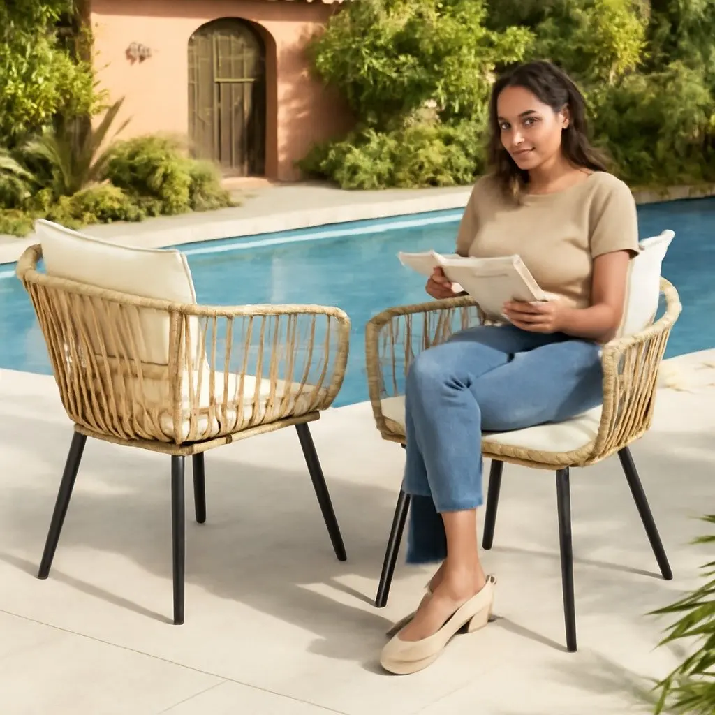 3PC Outdoor Bistro Set Natural PE Wicker Lounge Chairs and Coffee Table