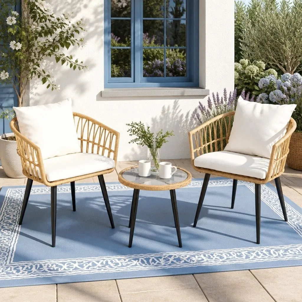 3PC Outdoor Bistro Set Natural PE Wicker Lounge Chairs and Coffee Table