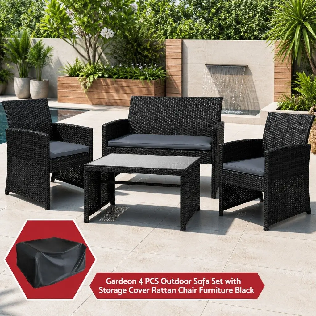 Outdoor Sofa Set Black 4 Piece Rattan Chair Furniture with Storage Cover