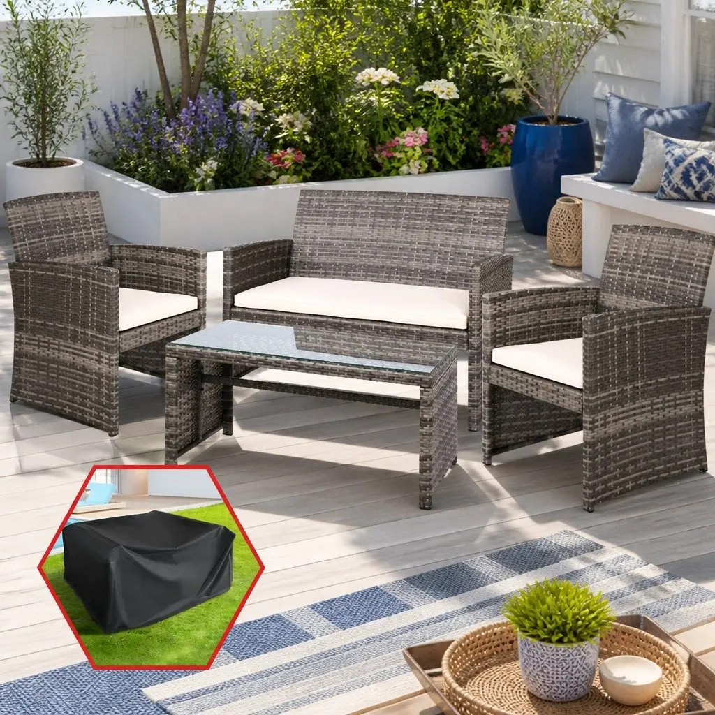 Outdoor Rattan Sofa Set Grey 4 Piece Weather Resistant with Storage Cover